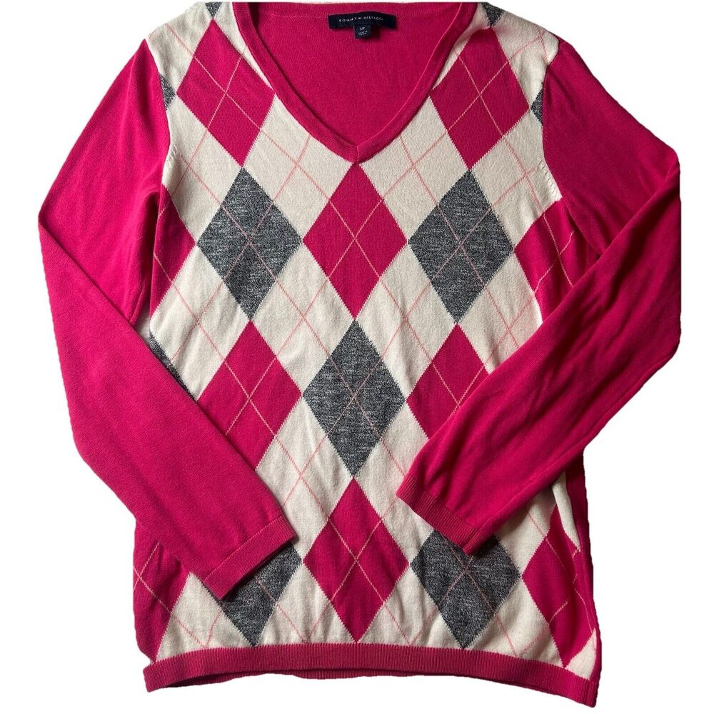 Tommy Hilfiger Women’s S Argyl Plaid Pink Pullover V Neck Sweater Preppy Winter